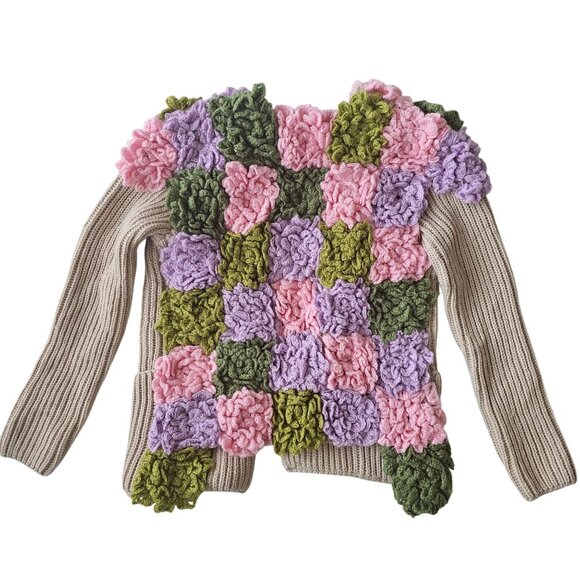 Handmade Beige Open-Front Knit Cardigan Upcycled With Floral Crochet Accents - Picture 2 of 14